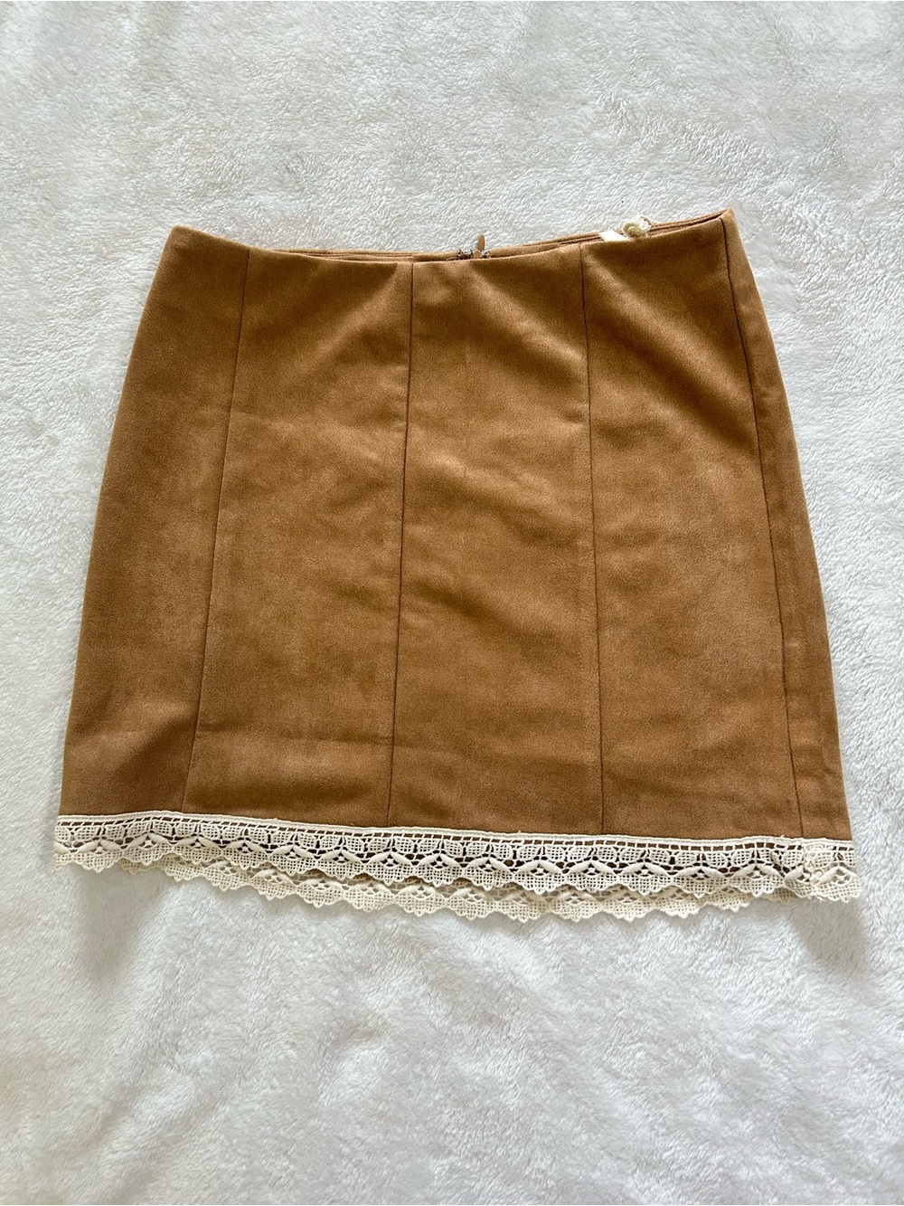 NEW HEM & THREAD crochet trim faux suede mini skirt in brown